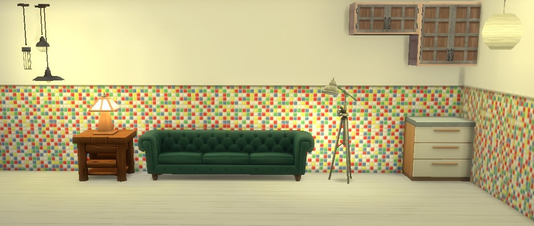 small brightly colored half wall tiles